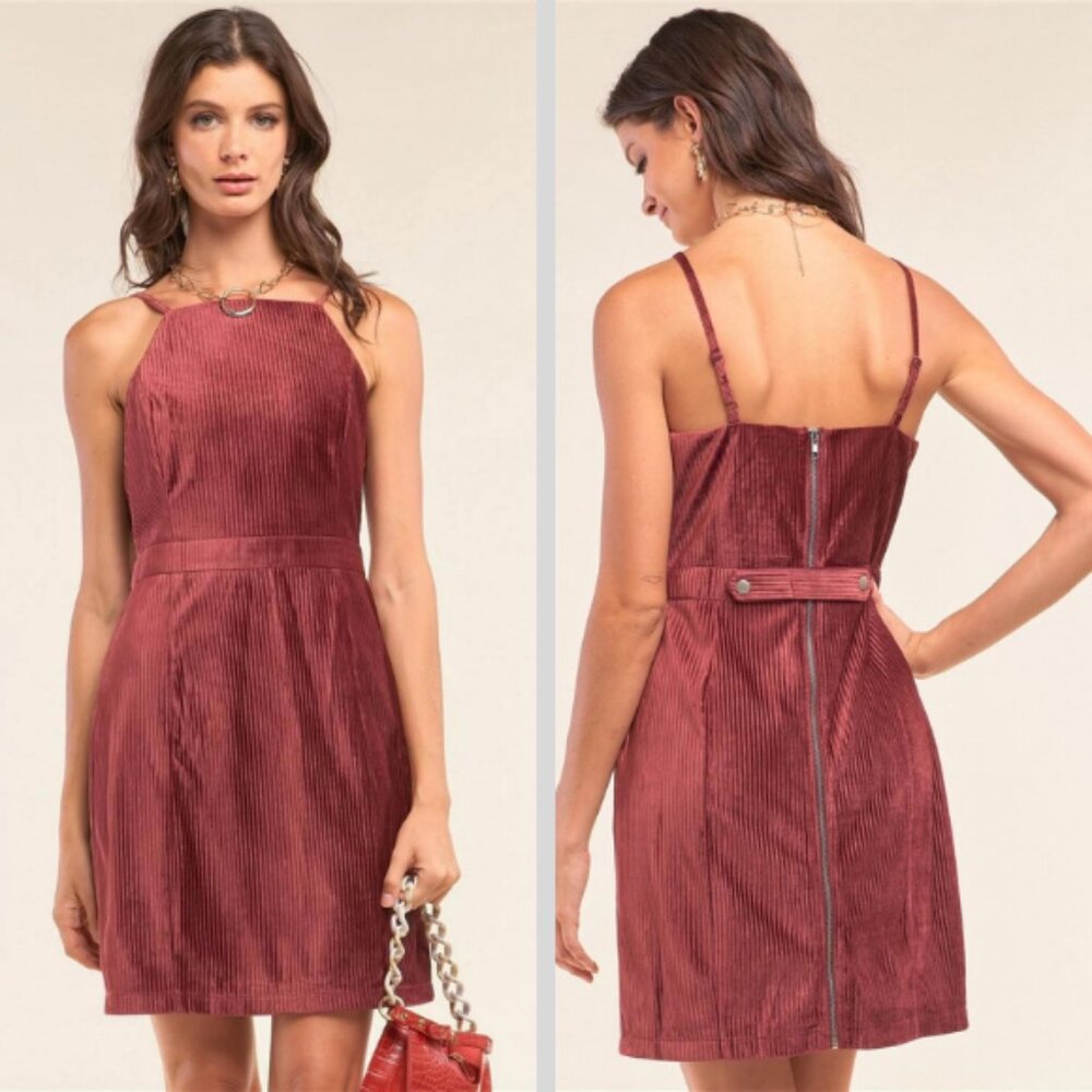 Sugar + Lips High Neck Corduroy Mini Dress Red